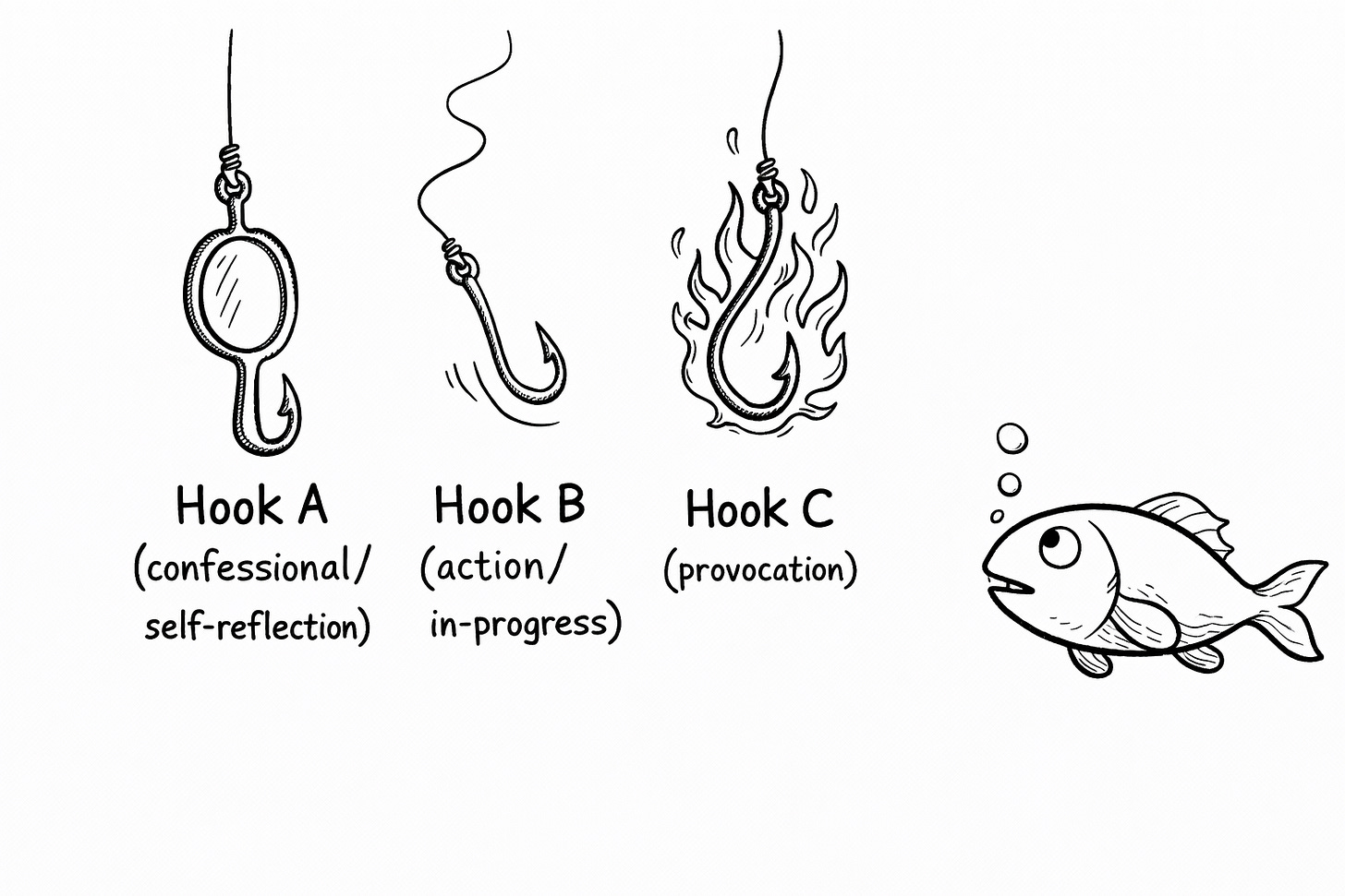 Illustration of three newsletter hook types shown as fishing hooks: Hook A is a mirror-shaped confessional hook for self-reflection openings, Hook B is a motion-blur action hook for mid-event openings, and Hook C is a flaming provocation hook for bold claim openings, with a curious fish approaching all three Illustration of three newsletter hook types shown as fishing hooks: Hook A is a mirror-shaped confessional hook for self-reflection openings, Hook B is a motion-blur action hook for mid-event openings, and Hook C is a flaming provocation hook for bold claim openings, with a curious fish approaching all three