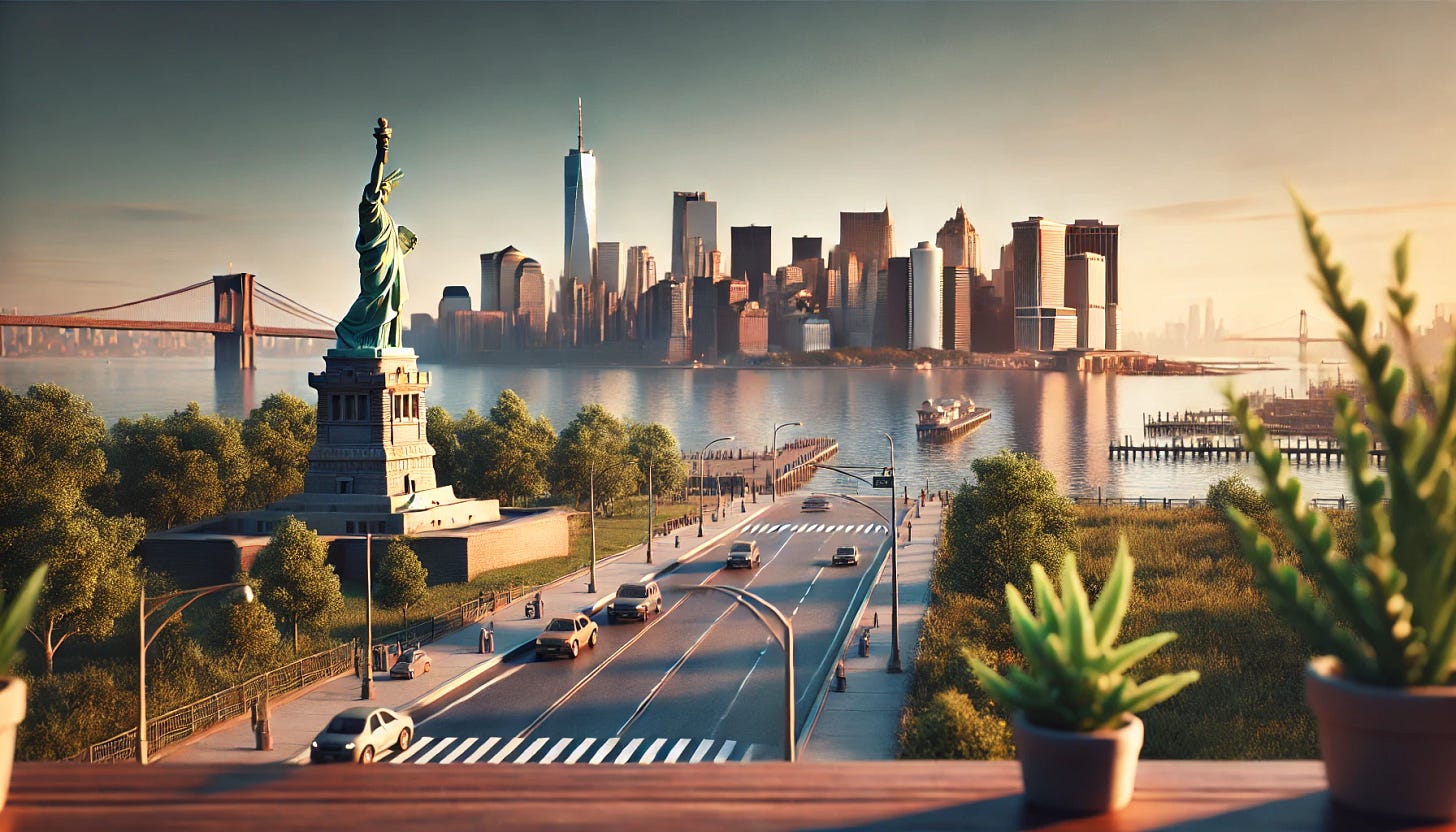A serene view of New York City focusing on iconic landmarks like the Statue of Liberty and the Manhattan skyline, with minimal traffic and fewer people. The scene features a calm atmosphere during golden hour, with soft lighting reflecting off the buildings and the Hudson River. Include subtle greenery in the foreground for balance, portraying a peaceful side of the bustling city. A serene view of New York City focusing on iconic landmarks like the Statue of Liberty and the Manhattan skyline, with minimal traffic and fewer people. The scene features a calm atmosphere during golden hour, with soft lighting reflecting off the buildings and the Hudson River. Include subtle greenery in the foreground for balance, portraying a peaceful side of the bustling city.