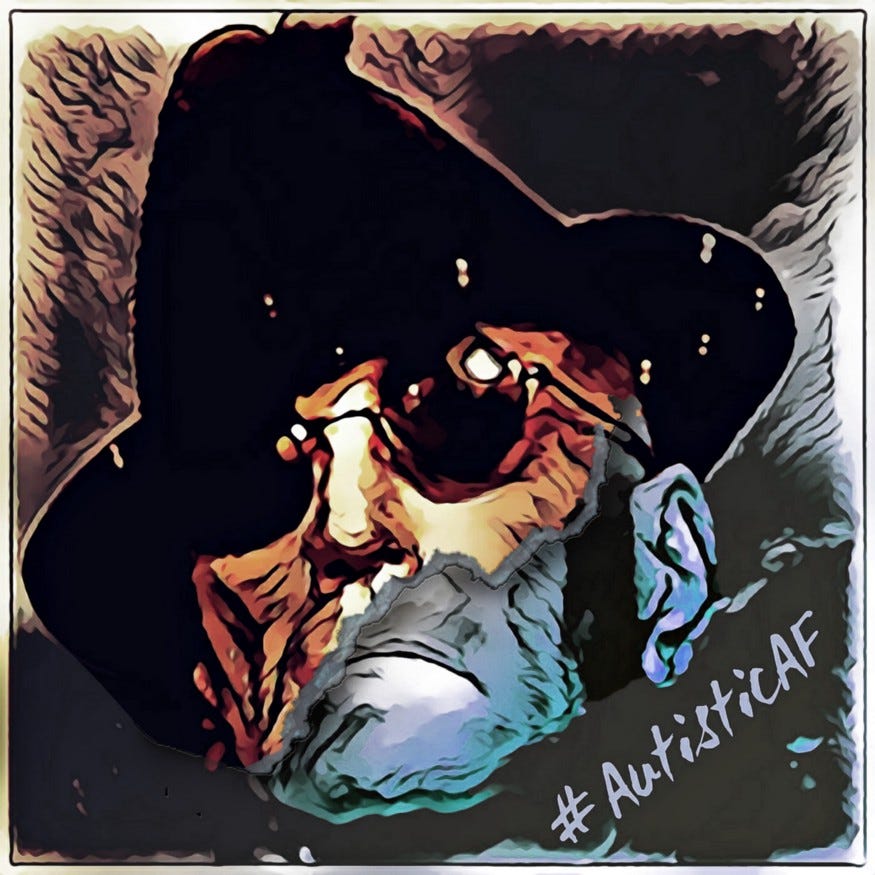 “Living Unmasked Is a Political Act,” original digital illustration. A square icon with the words hashtag “AutisticAF.”. An elderly gentleman wearking a fedora hat, sunglasses, and a mask frim which the bottom half has been torn off. The mask is in warm golden tones. The underlying mask in cold blues and violets. “Living Unmasked Is a Political Act,” original digital illustration. A square icon with the words hashtag “AutisticAF.”. An elderly gentleman wearking a fedora hat, sunglasses, and a mask frim which the bottom half has been torn off. The mask is in warm golden tones. The underlying mask in cold blues and violets.