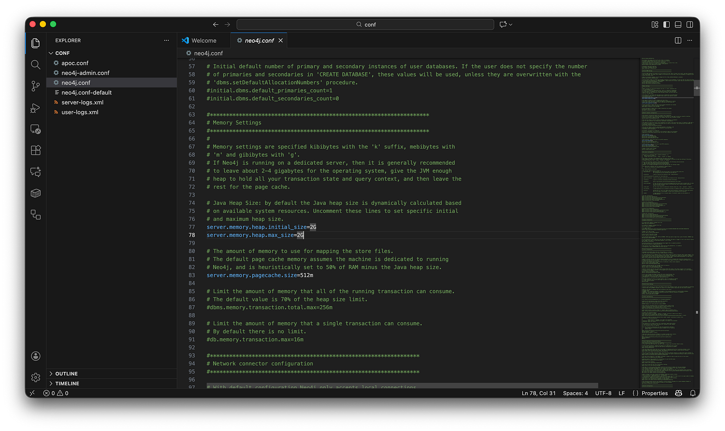 A screenshot of the neo4j.conf file in a code editor, highlighting the line where the Java Heap Size is manually updated to 2G to handle the large Yelp dataset.
