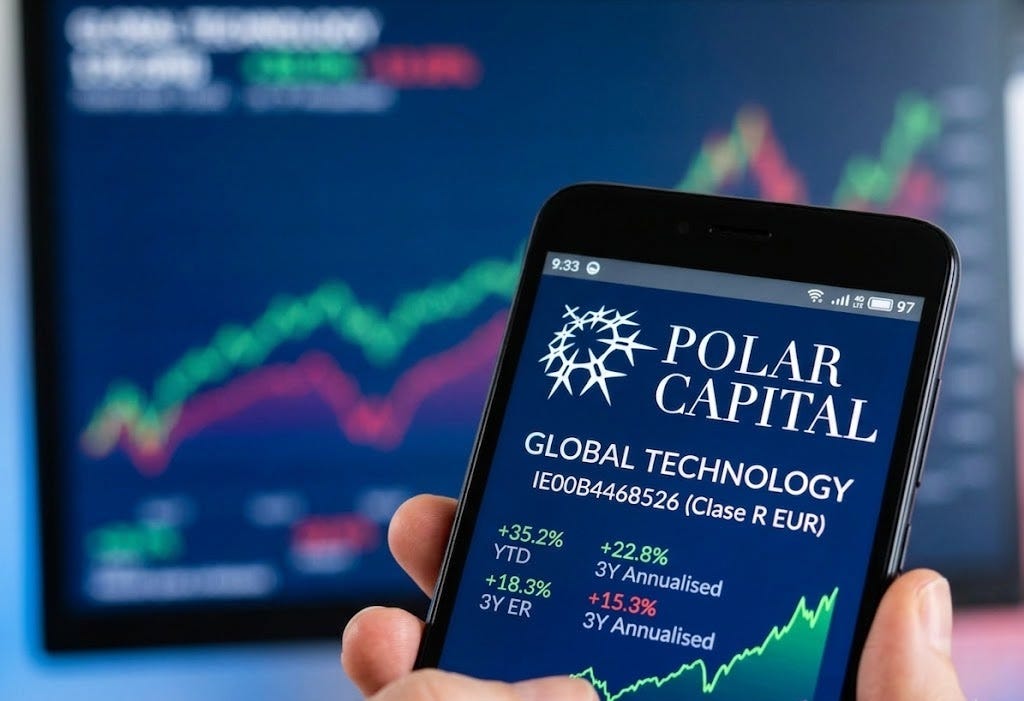 Primer plano de un teléfono móvil mostrando el fondo Polar Capital Global Technology IE00B4468526 con gráficos financieros de fondo Primer plano de un teléfono móvil mostrando el fondo Polar Capital Global Technology IE00B4468526 con gráficos financieros de fondo