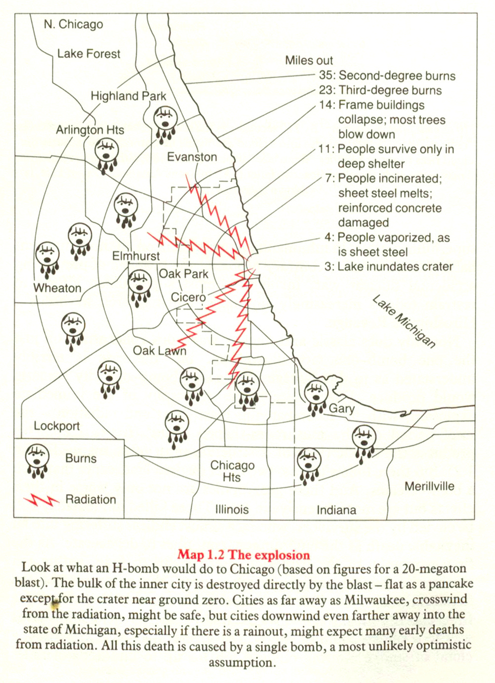 A map of Chicago, showing damage at different distances, up to 35 miles out. Red lightening bolts of "radiation" are shown reaching over 14 miles out. Outside of the 14 mile radius, icons indicating people with "burns" — unhappy schematic faces, dripping with blood and damaged brows — are distributed. A map of Chicago, showing damage at different distances, up to 35 miles out. Red lightening bolts of "radiation" are shown reaching over 14 miles out. Outside of the 14 mile radius, icons indicating people with "burns" — unhappy schematic faces, dripping with blood and damaged brows — are distributed.