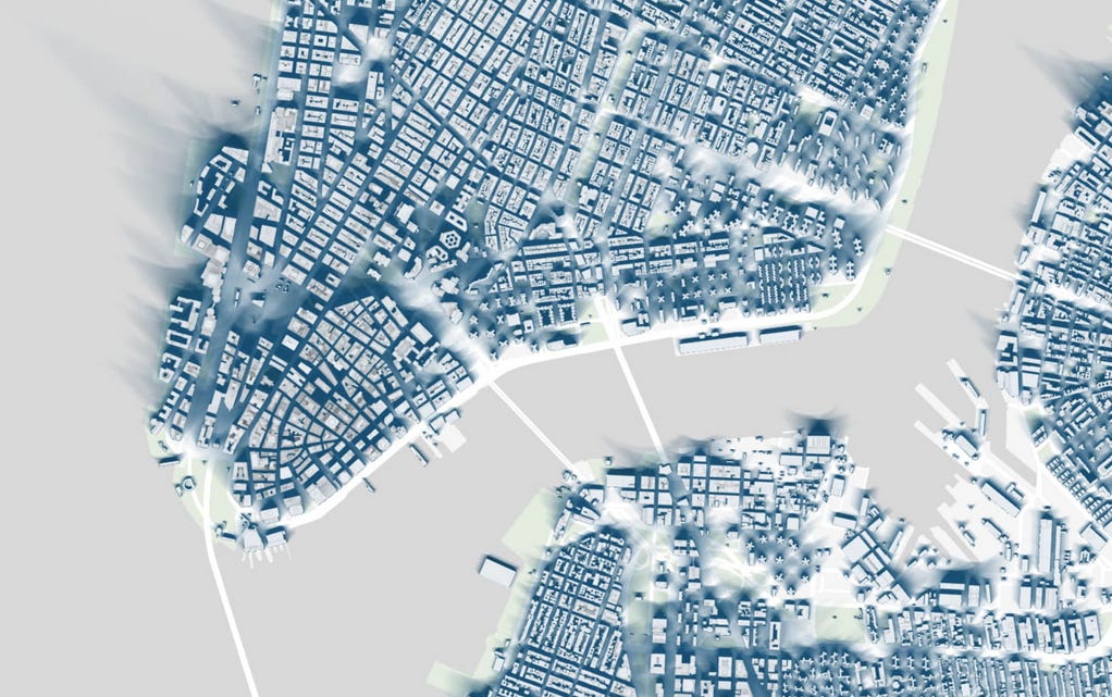 A map of Manhatten, showing the shadows of every building A map of Manhatten, showing the shadows of every building