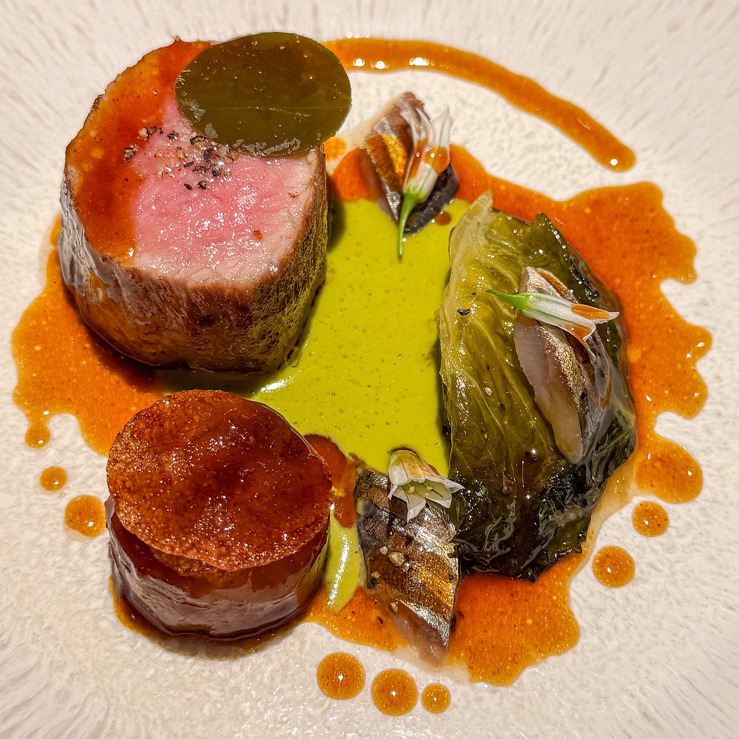 Roasted Basque veal fillet and braised cheek with charred sucrine and caper leaf butter at Virtus, Paris 12th Roasted Basque veal fillet and braised cheek with charred sucrine and caper leaf butter at Virtus, Paris 12th