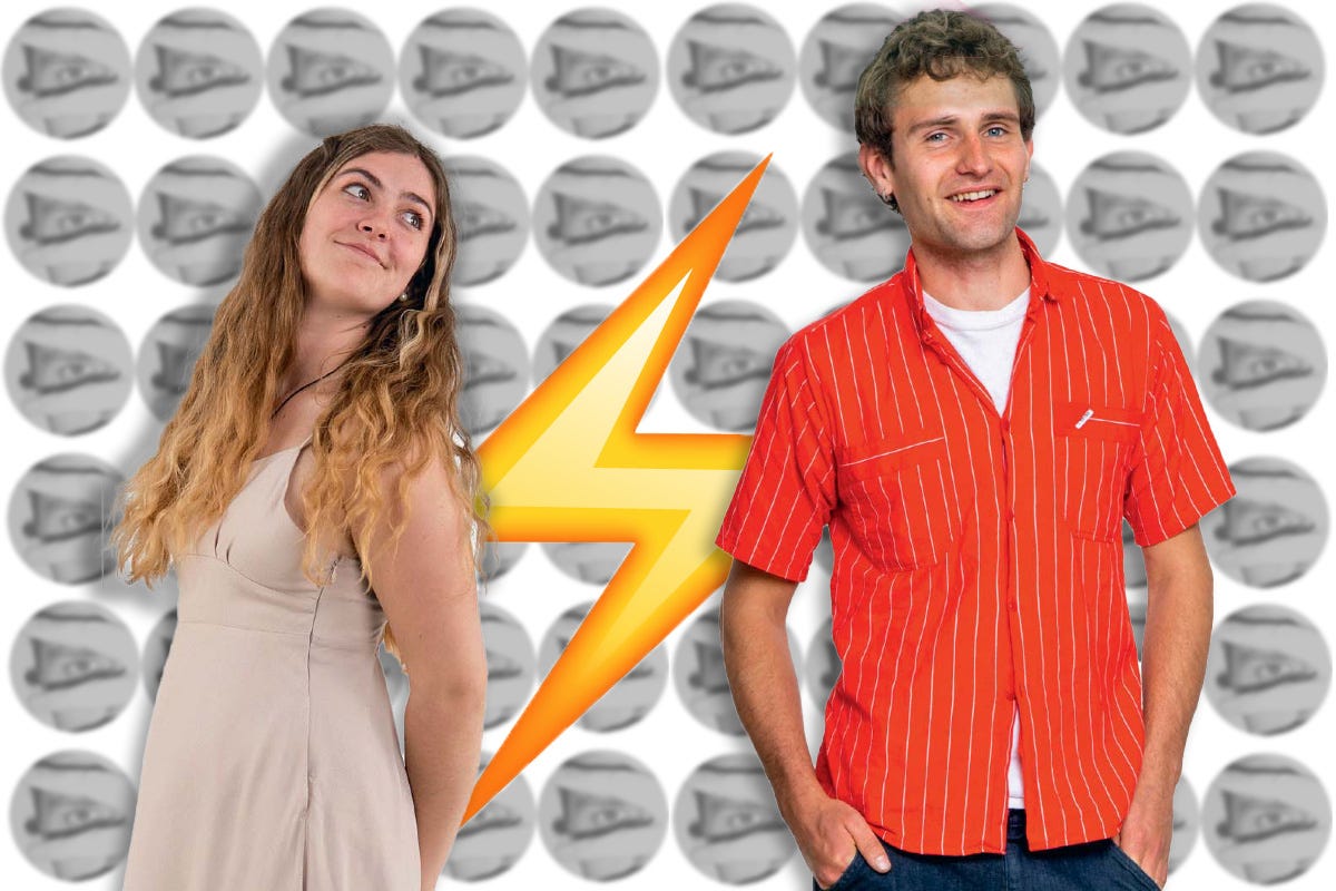 Emily and he both participated in the Guardian blind date this week. Emily has long blonde hair and is wearing a neutral coloured dress. Ned is wearing a red bowling shirt and has short hair. They are both in their early 20s.