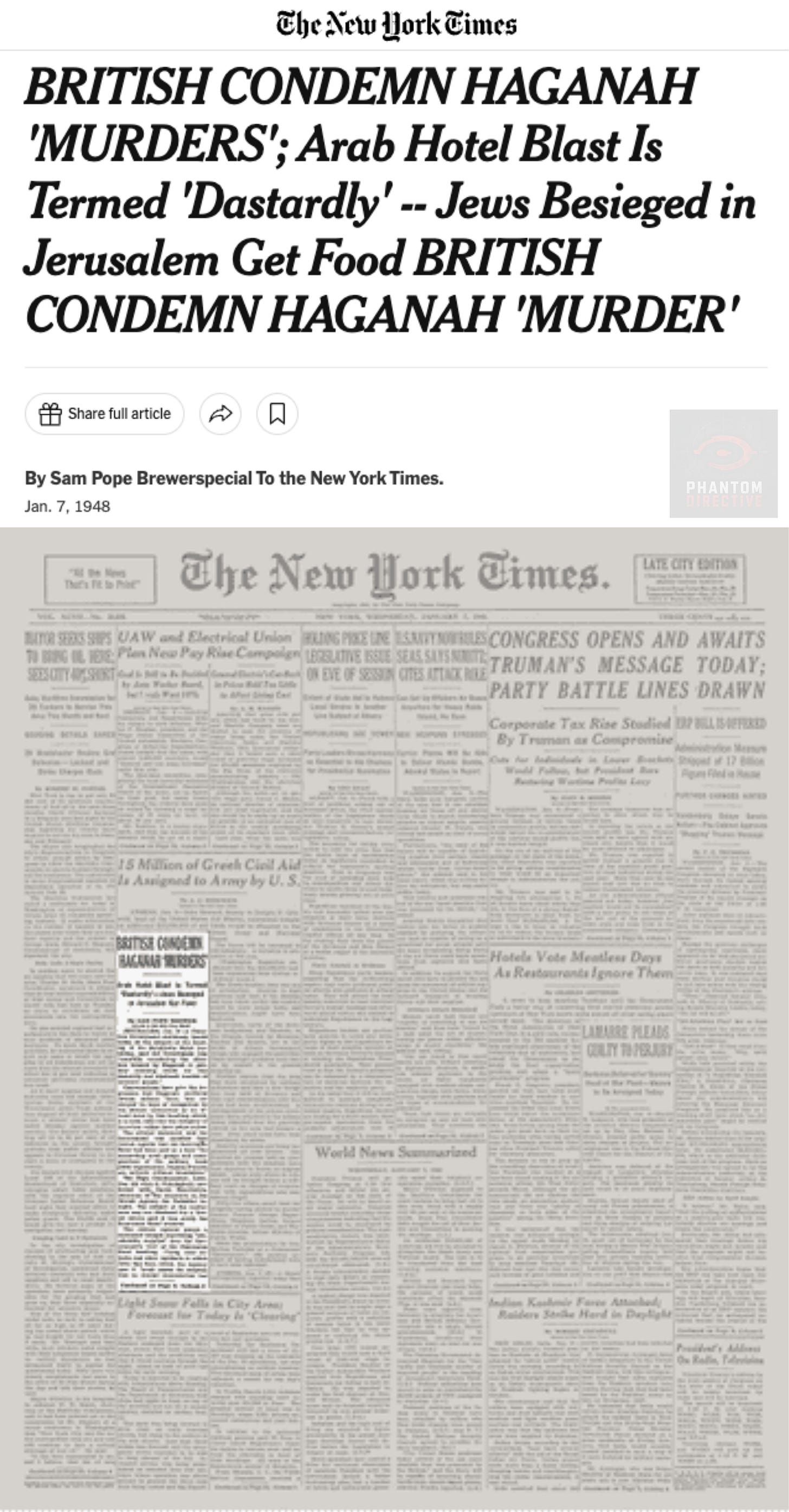 New York Times, January 7, 1948: British authorities condemned the Haganah attack after the Semiramis Hotel bombing in Jerusalem. Among the dead was Spanish vice-consul Manuel Allendesalazar, tying Spain’s rupture with the future Israeli state to the violence of 1948.
