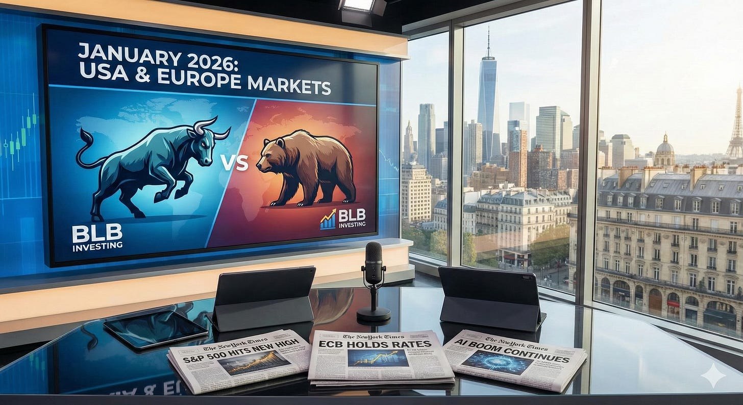 Analyse boursière janvier 2026 : Marchés USA vs Europe, graphiques Bull et Bear, studio financier BLB Investing Analyse boursière janvier 2026 : Marchés USA vs Europe, graphiques Bull et Bear, studio financier BLB Investing