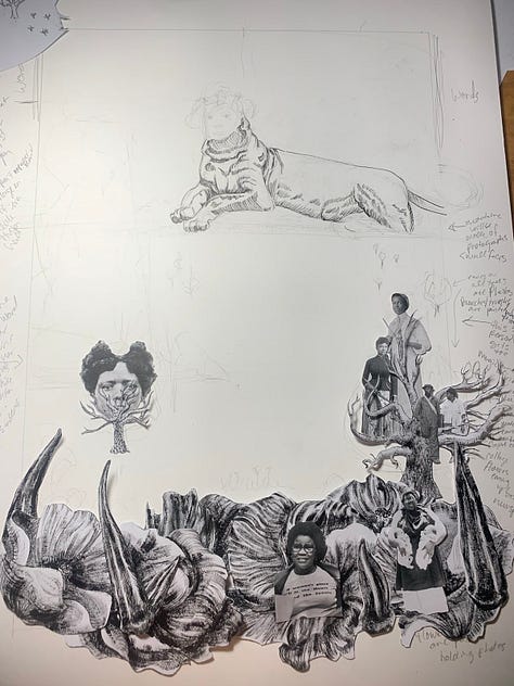 Juxtaposed images of my poster wheat-pasted around Brooklyn alongside process images of the designs.