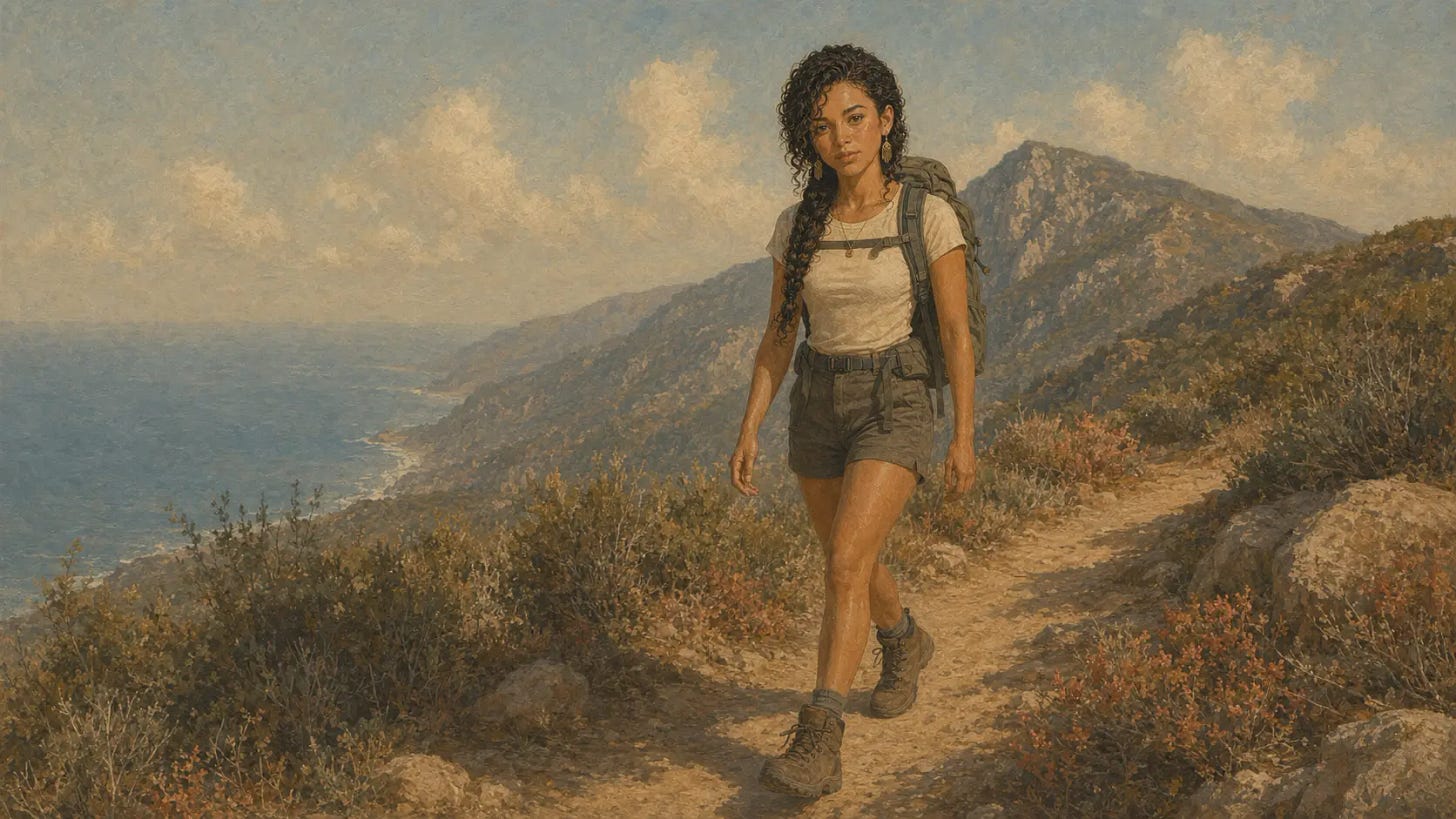 Young Latina woman hiking alone on a mountain trail with the ocean and rugged hills behind her.