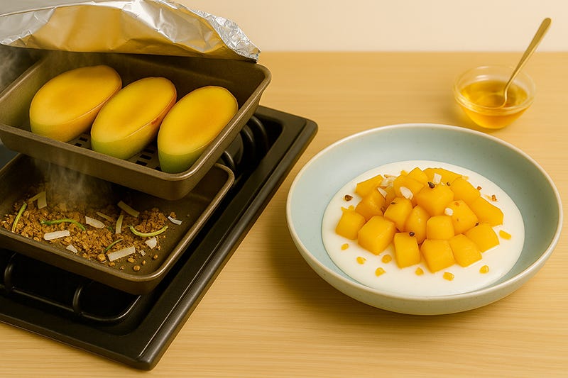 Mango caramelizat cu fum din lemn de cais, coajă de lime și fulgi de cocos