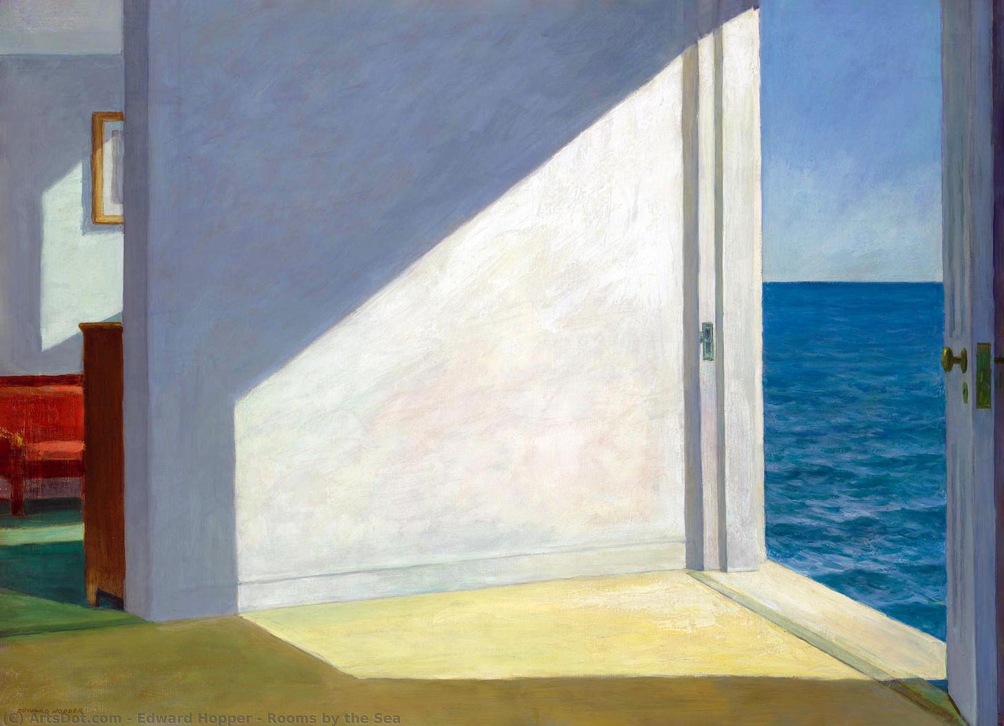 Edward Hopper's painting "Rooms by the Sea," showing the entryway of a house with a white wall, a sliver of a living room visible in the background, and a trapezoid of sunlight pouring into the open front door, beyond which, stretching from the doorframe, is a vast ocean.