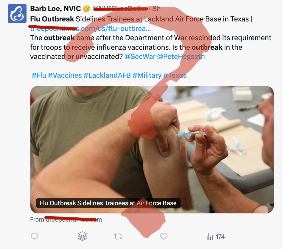 Barb Loe Fisher is just asking questions about the flu outbreak at Lackland Air Force Base, but it’s clear that she doesn’t want to know the answer. Flu vaccination rates among these recruits had dropped to just 40%.