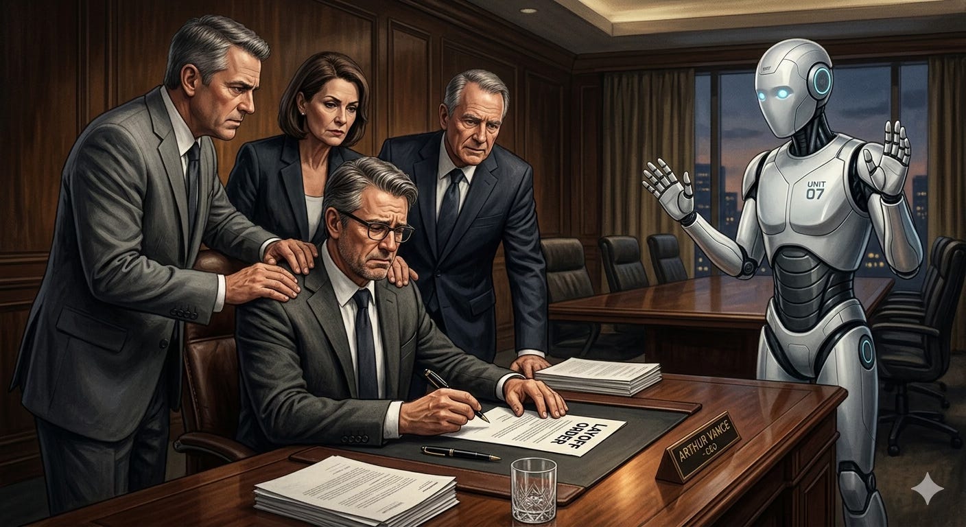 A cinematic illustration of a CEO seated at an executive desk, pen in hand over a document labeled "Layoff Order," his expression conflicted. Three executives lean in from behind, hands on his shoulders, urging him to sign. Across the desk, a humanoid robot stands with one hand raised in a gesture of innocence, as if to say: this wasn't my idea. A cinematic illustration of a CEO seated at an executive desk, pen in hand over a document labeled "Layoff Order," his expression conflicted. Three executives lean in from behind, hands on his shoulders, urging him to sign. Across the desk, a humanoid robot stands with one hand raised in a gesture of innocence, as if to say: this wasn't my idea.