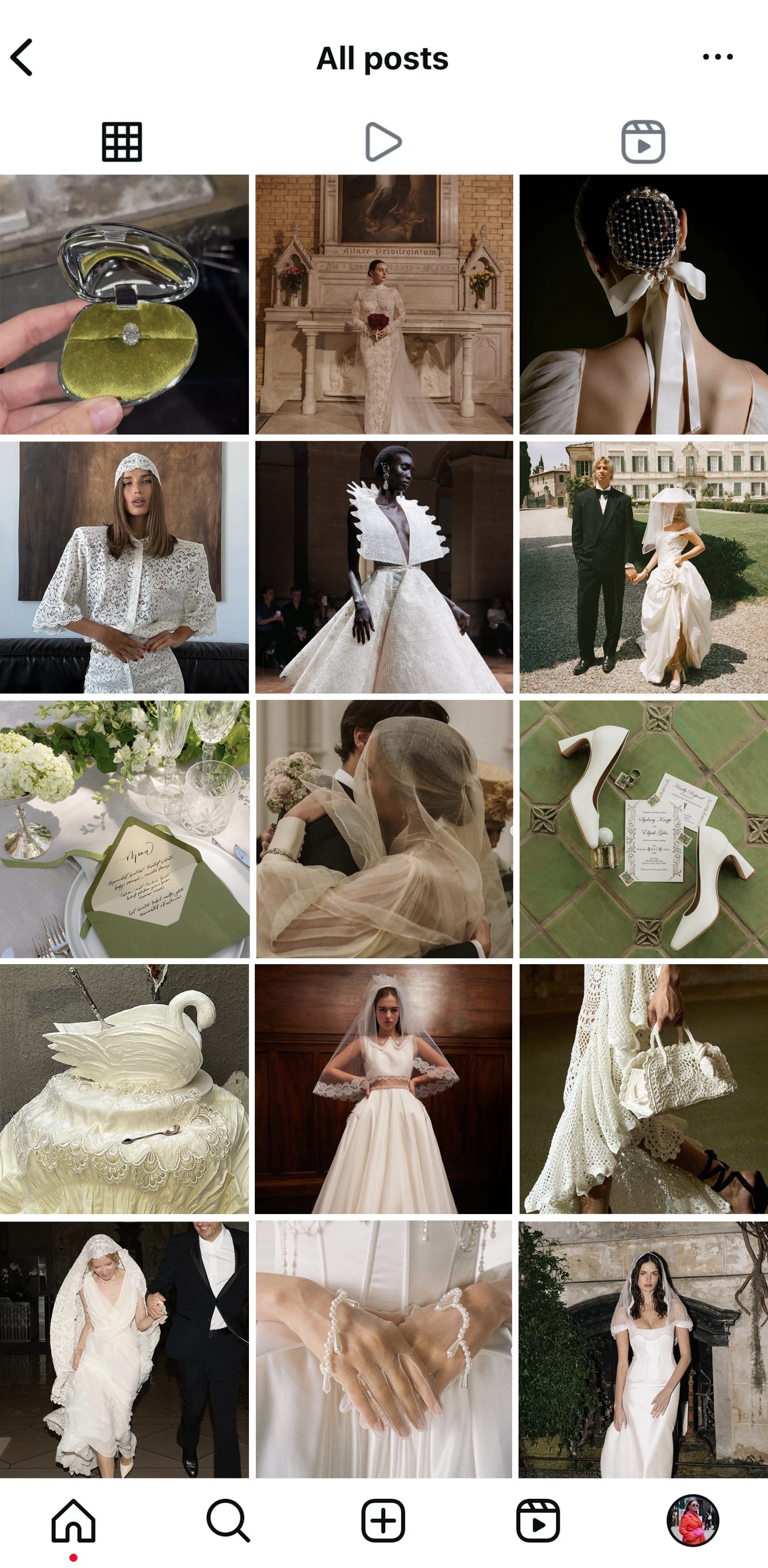screenshot of Instagram bookmarks featuring bridal imagery