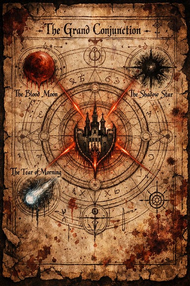 Strahd’s illustration of the Grand Conjunction as it appears in the Tome of Strahd — an ancient vellum page covered in ink and blood, concentric circles marking celestial alignments labeled in archaic script: The Blood Moon, The Shadow Star, The Tear of Morning. Red lines trace paths converging upon Castle Ravenloft’s sigil at the center, surrounded by occult geometry and faintly glowing runes. The parchment edges are darkened and cracked, the diagram pulsing with forbidden rhythm…