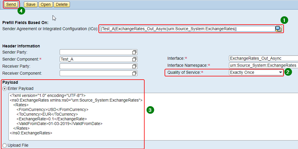 Assign input XML message payload in send test message option