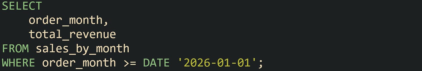 SELECT     order_month,     total_revenue FROM sales_by_month WHERE order_month >= DATE '2026-01-01';