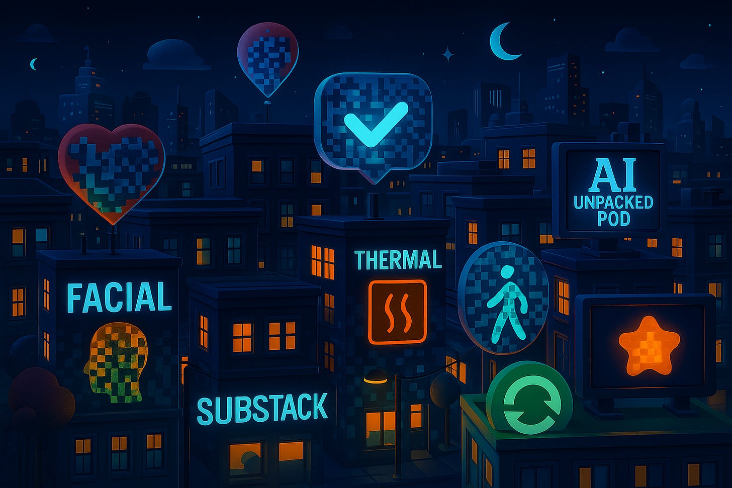 A lively, futuristic cityscape at night shows rooftops and buildings illuminated by glowing signs and digital icons. Words like “FACIAL,” “THERMAL,” “SUBSTACK,” and “AI UNPACKED POD” appear alongside pictograms such as a pixelated heart, human head, pedestrian symbol, checkmark, star, and circular arrows. Neon balloons and signage float above the buildings. Warm windows and a crescent moon complete the scene, highlighting themes of digital identity, biometric verification, AI, and urban connectivity.