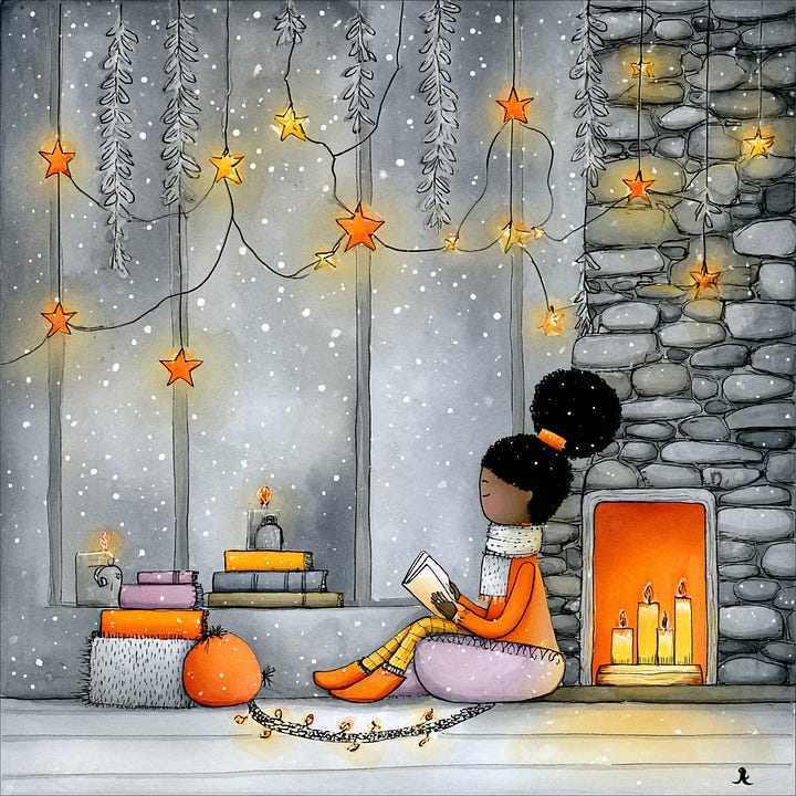 Scenes of cosy, a black woman in a cartoon style sits in front of an open fireplace, a large glass window with snowy winter scene outside