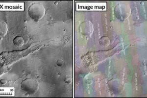 The new global mosaic, shown in a detail example at left, is stitched together with images taken by MRO's Context Camera, which captures the Martian surface in long strips.