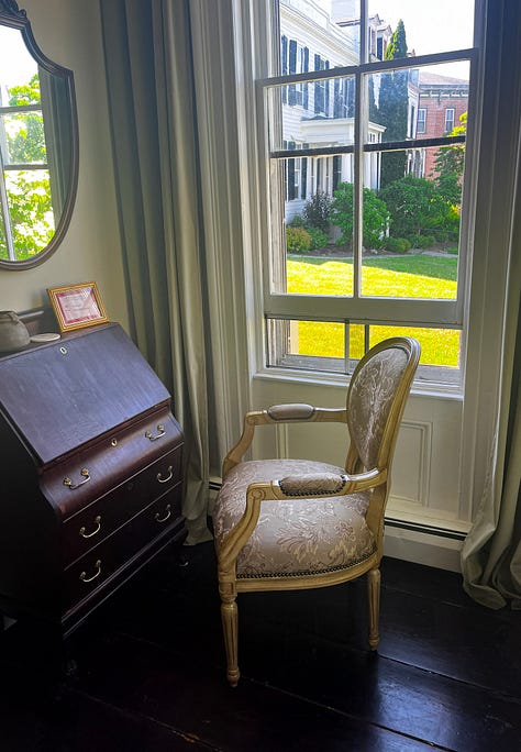 Images from spring: Quest Cabernet Franc, a woodcock, a watercolor of half a lemon, two lobster claws, and two cherries, the Hudson River, my desk that writer's retreat, and the Jolie Laide display from the farmer's market