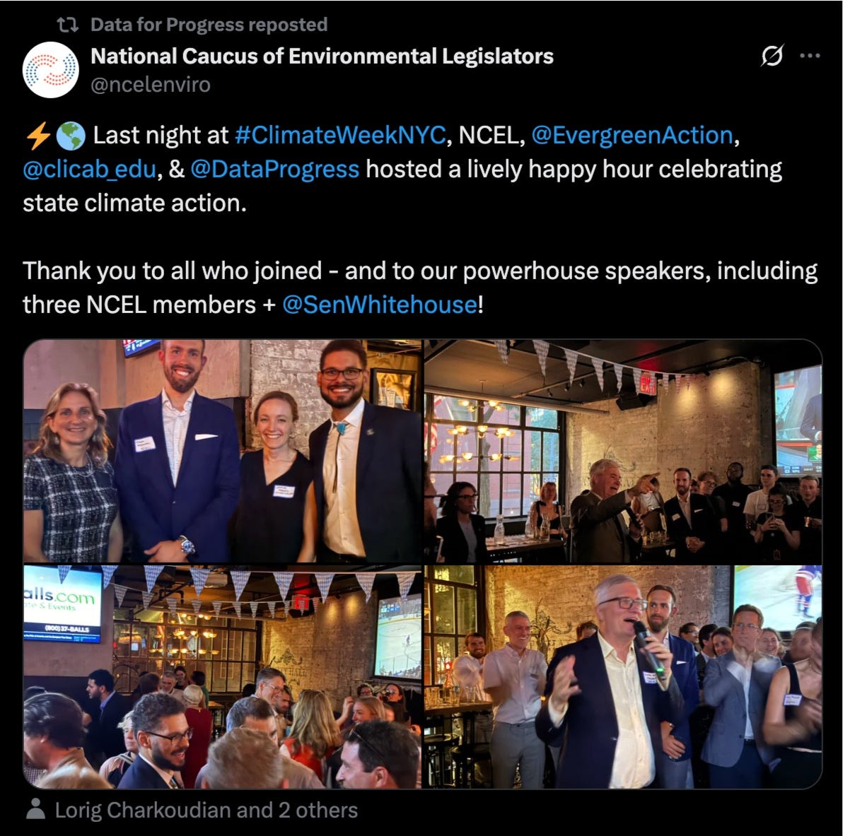 Tweet from National Caucus of Environmental Legislators: "Last night at #ClimateWeekNYC, NCEL, @EvergreenAction, @clicab_edu, & @DataProgress hosted a lively happy hour celebrating state climate action.  Thank you to all who joined - and to our powerhouse speakers, including three NCEL members + @SenWhitehouse!"