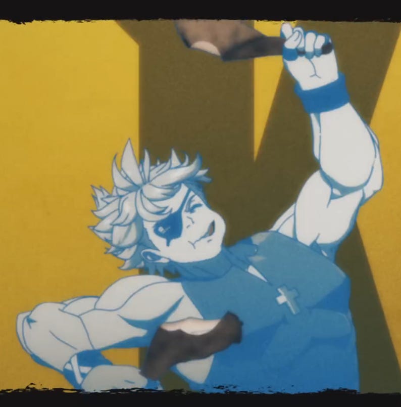 A silly shot of Sin eating a big turkey leg in a cartoonish style. He's tinted blue and is against a yellow background. His expression and movements are highly exaggerated. 