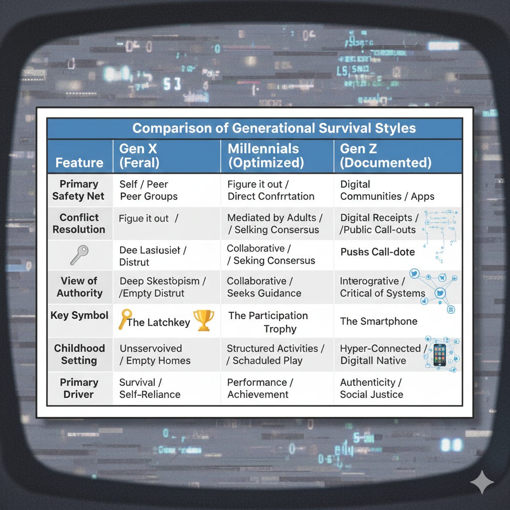 Generational survival styles comparison table: Gen X feral unsupervised childhood, Millennials optimized structured activities, Gen Z documented digital native Generational survival styles comparison table: Gen X feral unsupervised childhood, Millennials optimized structured activities, Gen Z documented digital native