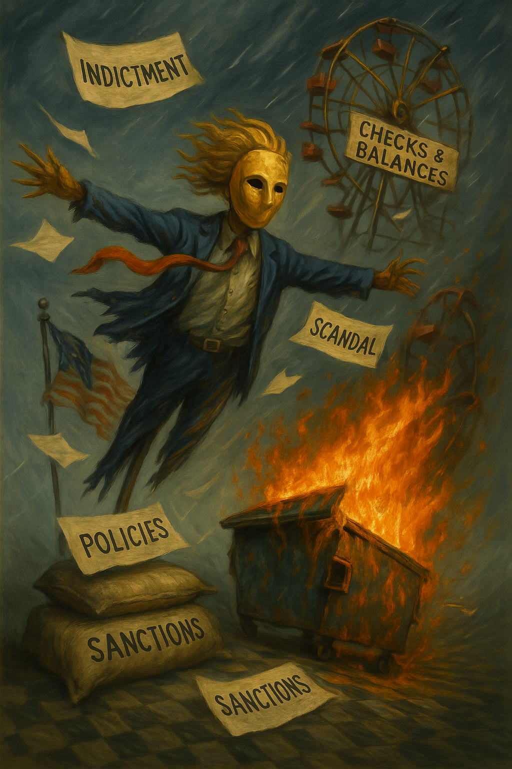 crumbling carnival rides, chaotic symbols, and just the right dose of absurdism