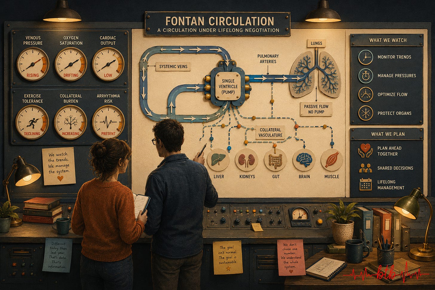 A parent studies a large hand-drawn circulation map with gauges for pressure, oxygen saturation, exercise tolerance, and collateral pathways. Image created for article explaining failing Fontan. Article written by Marie-Jo Herard for Between the Beats Substack.
