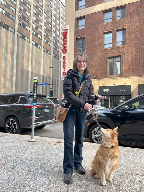 Woman and dog standing outside WCCO radio sign plus three adults and one dog inside WCCO radio studio