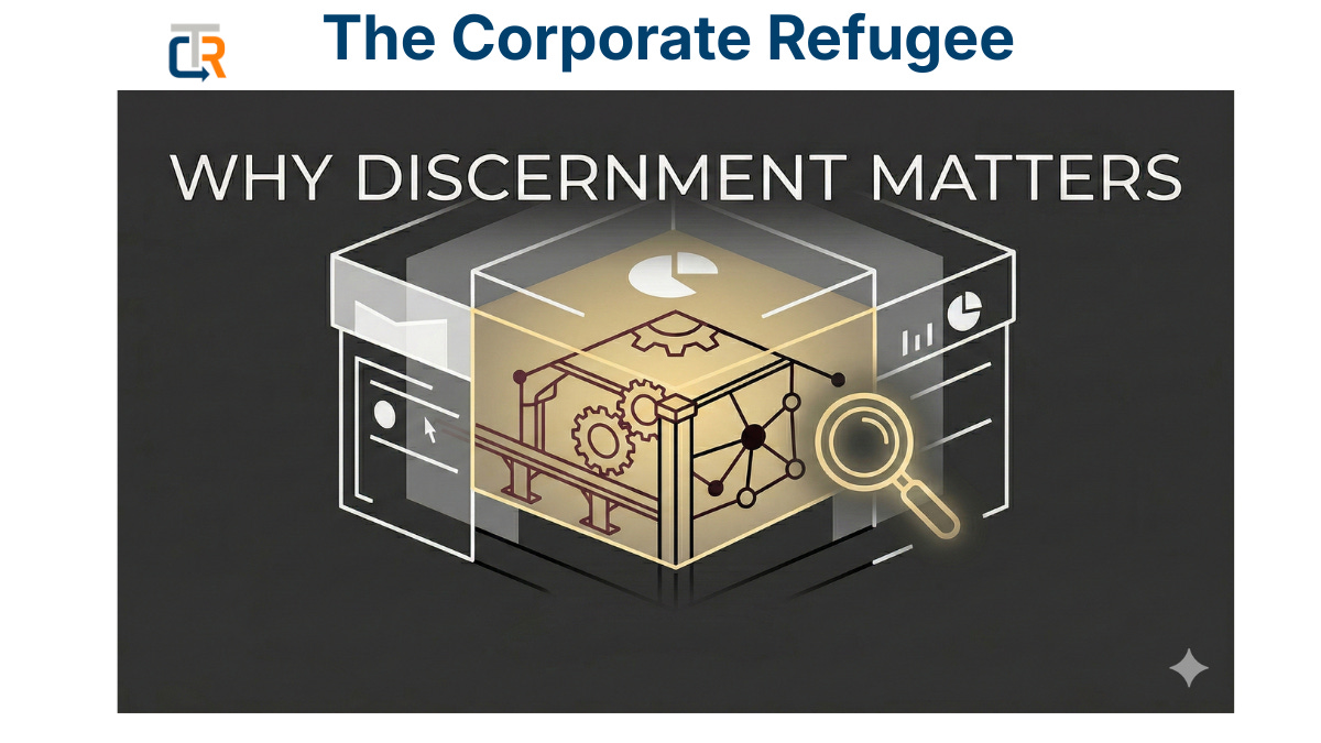 A conceptual illustration on a dark background showing a transparent cube. Inside the cube, complex gears, architectural beams, and data nodes are highlighted in a warm gold light, representing the underlying structure of a business. A magnifying glass hovers nearby, symbolizing deep analysis. The text "WHY DISCERNMENT MATTERS" is written in clean, white typography at the top.