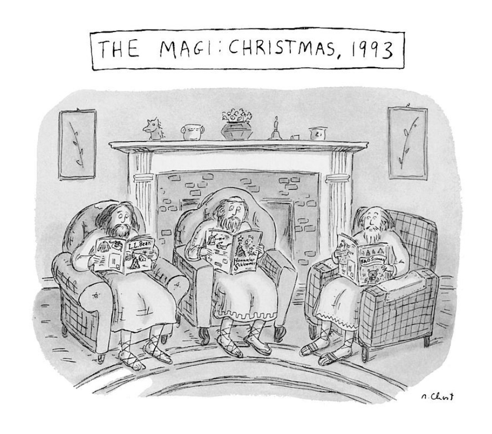 A cartoon of the Three Wise Men of the nativity story, sitting in a modern living room, each reading a mail order catalog. The caption reads "The Magi: Christmas 1993".
