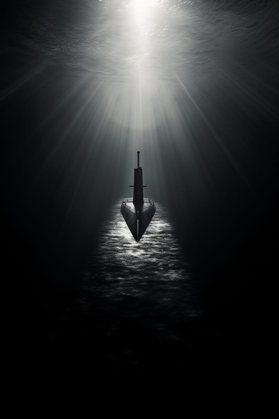 A submarine in the dark

Description automatically generated
