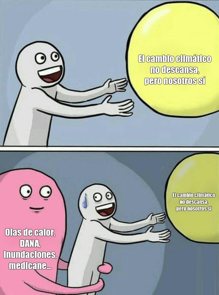 meme en el que bromeamos sobre las vacaciones y la dura realidad climática vivida este verano en el Mediterráneo