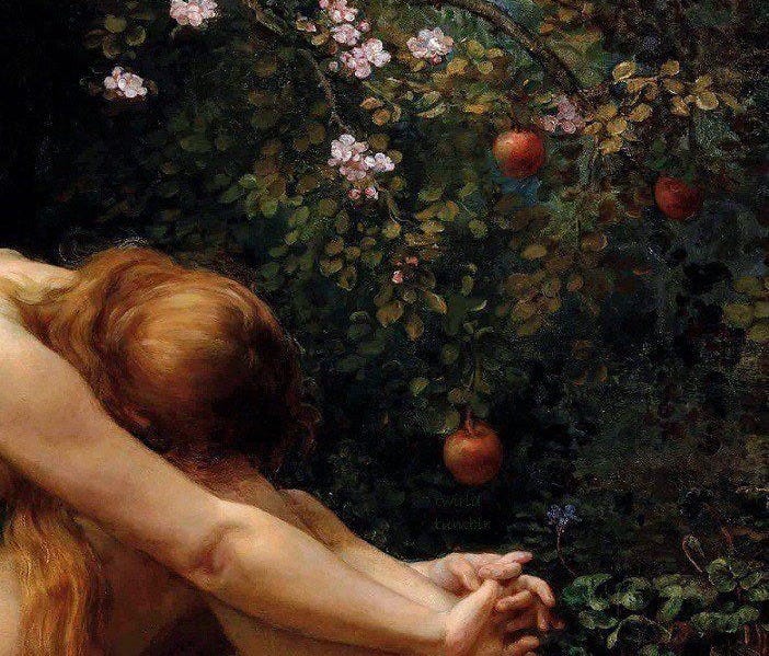 This may contain: a painting of two women sitting in front of an apple tree