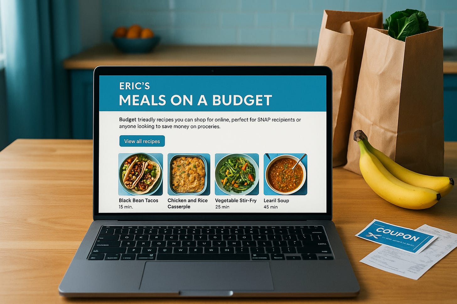 A laptop sits on a wooden counter next to grocery bags and bananas, displaying Eric’s website “Meals on a Budget” with recipes like Black Bean Tacos, Chicken and Rice Casserole, and Vegetable Stir-fry. A laptop sits on a wooden counter next to grocery bags and bananas, displaying Eric’s website “Meals on a Budget” with recipes like Black Bean Tacos, Chicken and Rice Casserole, and Vegetable Stir-fry.