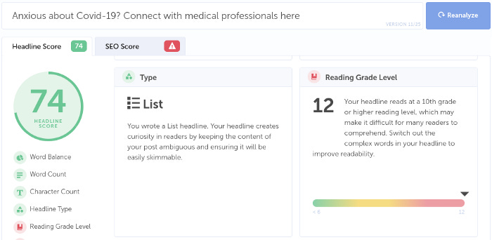 Headline studio. A grade for the headline is given on the far left (74), and on the far right there is a reading grade level which indicates the typical level of education an audience member needs to be able to understand this headline.