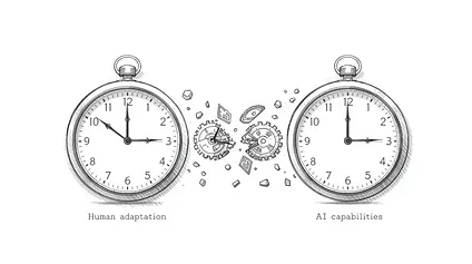 Two clocks showing speed mismatch between human adaptation and AI advancement