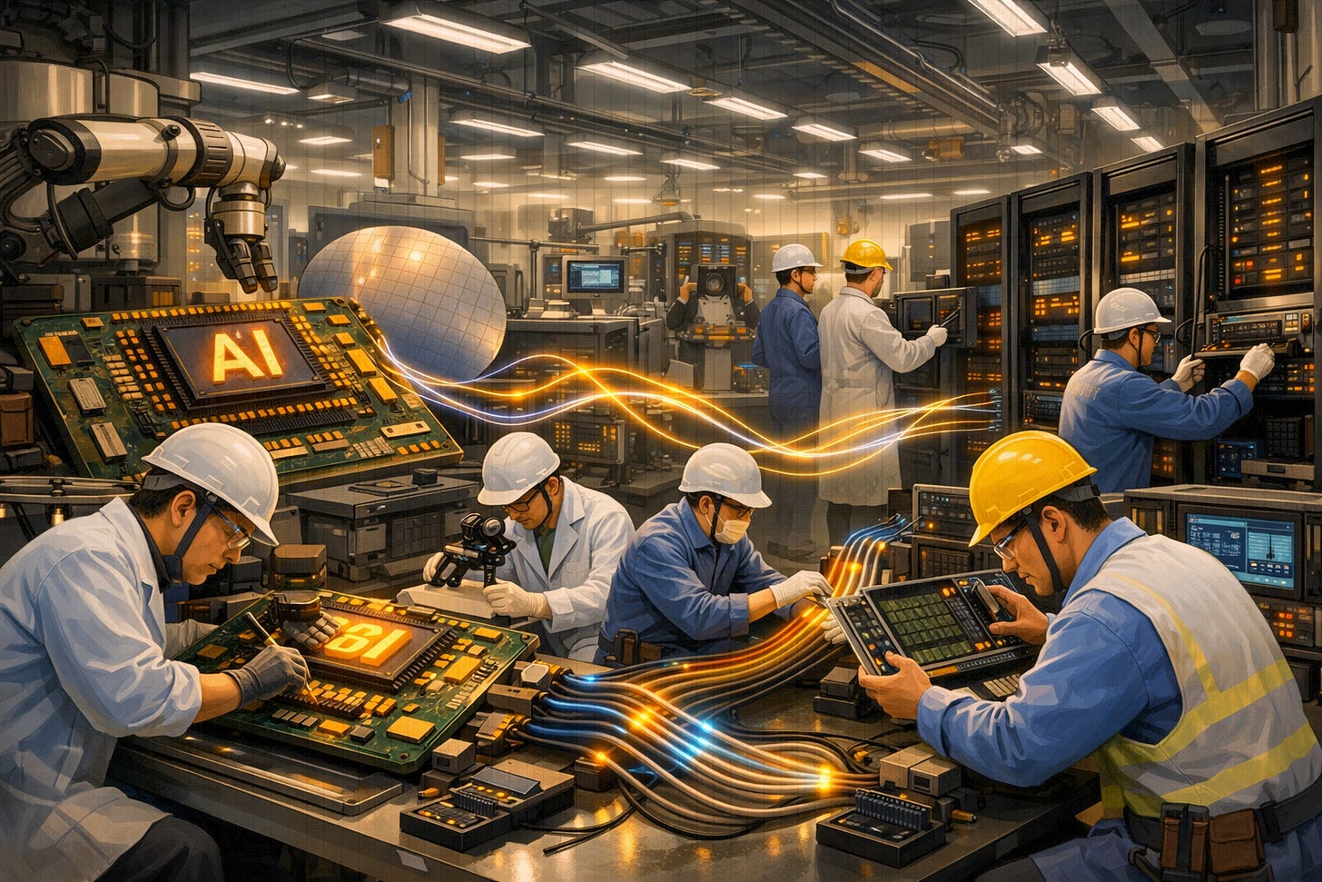 factory floor engineers assembling AI chips and photonic interconnects