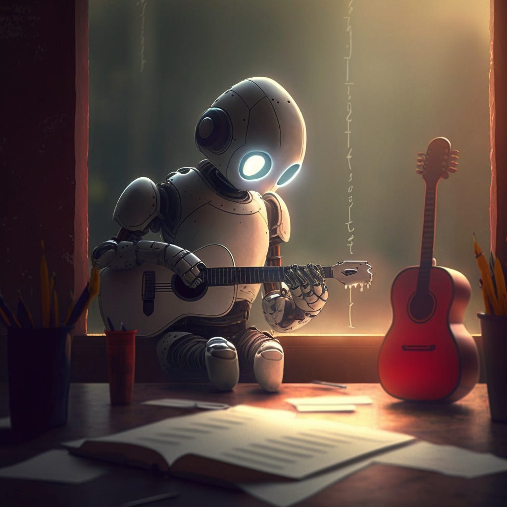 A robot continues writing a song with assorted instruments