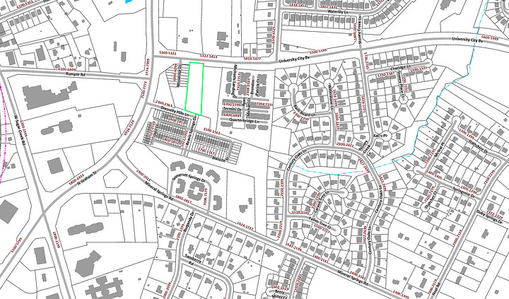 Left Image is a street view photo and the right image is a GIS map of the same city owned parcel on 5334 Univeristy City Blvd in Charlotte, NC.