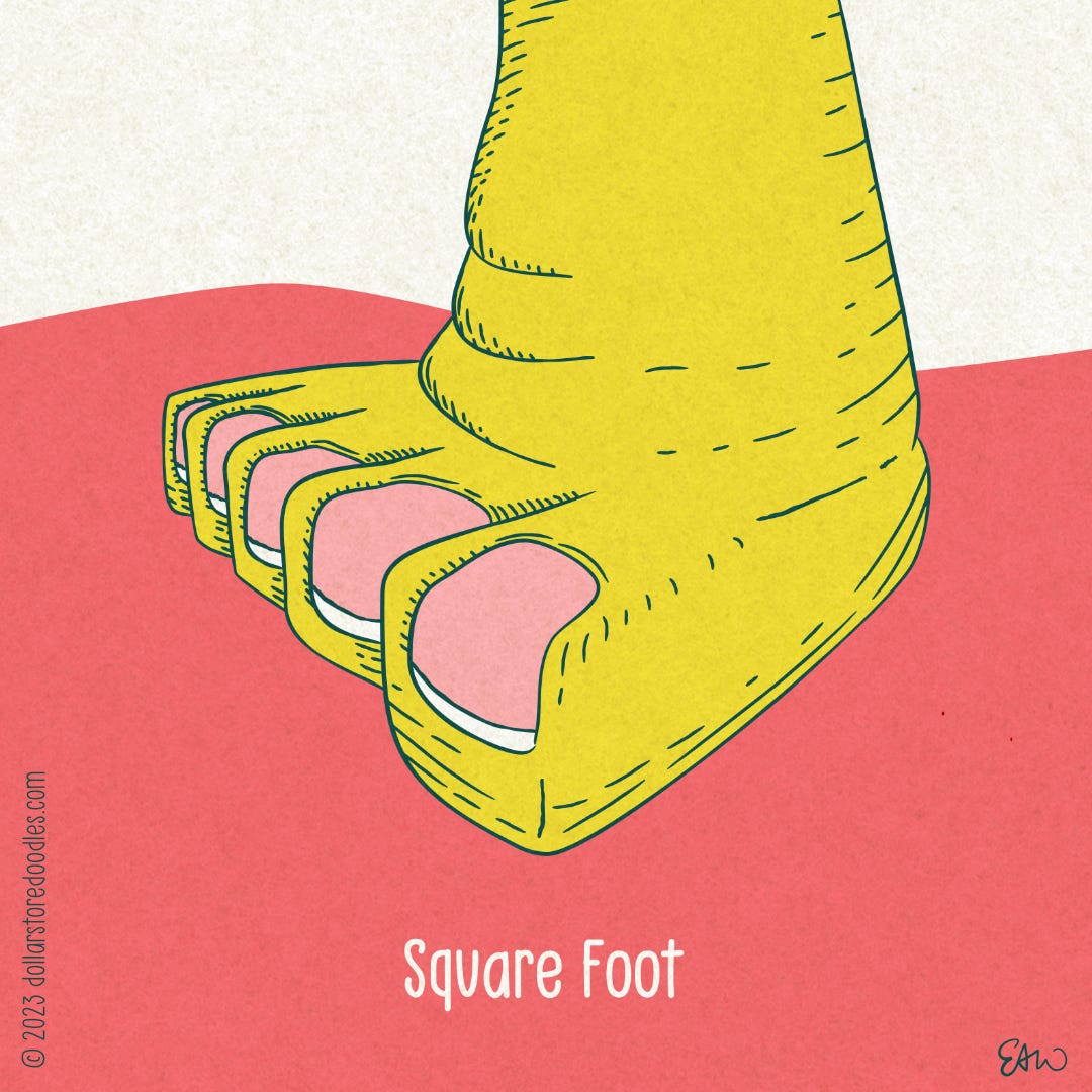A tightly cropped illustration of a large, boxy foot almost reminiscent of an elephant's foot. The caption reads, "Square Foot," and the foot is drawn in such a fashion as to suggest that the footprint would occupy a perfect square.