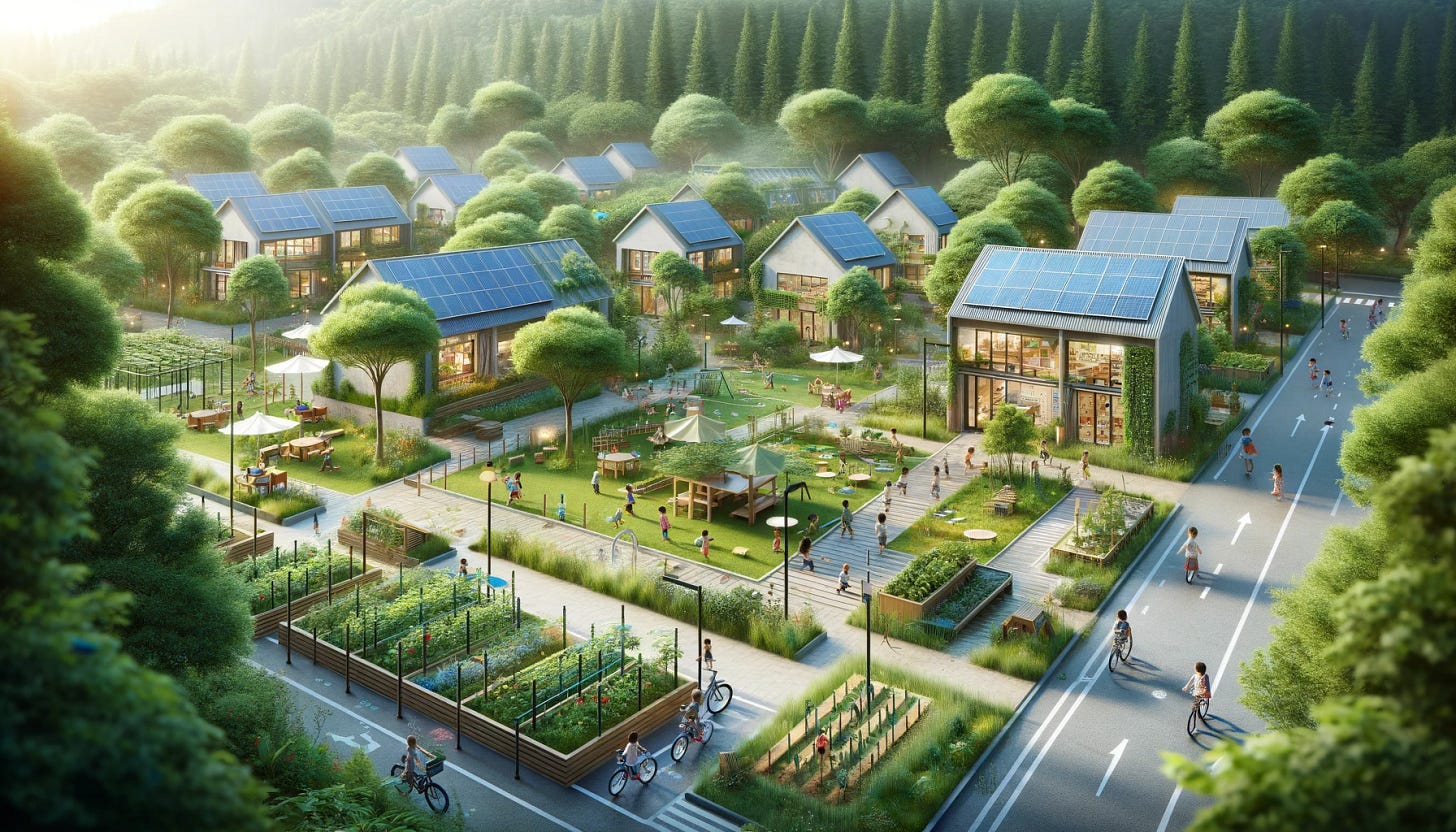 A charming, small elementary school campus without a parking lot, nestled in a green, lush environment. The buildings are modest in size, designed with eco-friendly materials and solar panels on the roofs, reflecting a commitment to sustainability. The campus includes a playground, a vegetable garden, and outdoor classrooms under the shade of trees, promoting hands-on learning and a connection with nature. Walking and biking paths weave through the campus, and bike racks are available for students and staff. The atmosphere is peaceful, with children playing and learning in harmony with their surroundings.