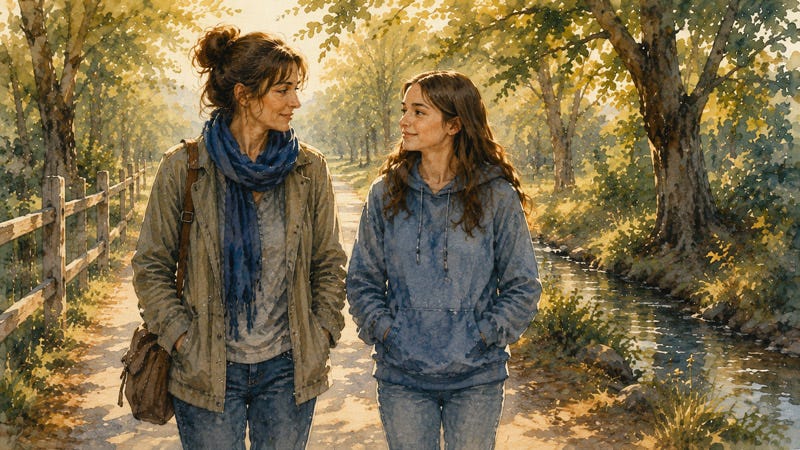 A woman walking and talking with her teenage daughter on a sunlit wooded path, representing different stages of life and the importance of protecting energy and well-being. A woman walking and talking with her teenage daughter on a sunlit wooded path, representing different stages of life and the importance of protecting energy and well-being.