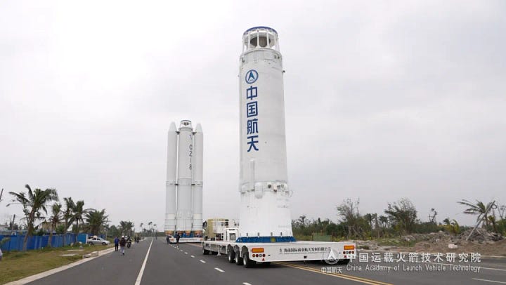 The first and second stage of the Long March 8 Y6 vehicle being transported to the launch pad.