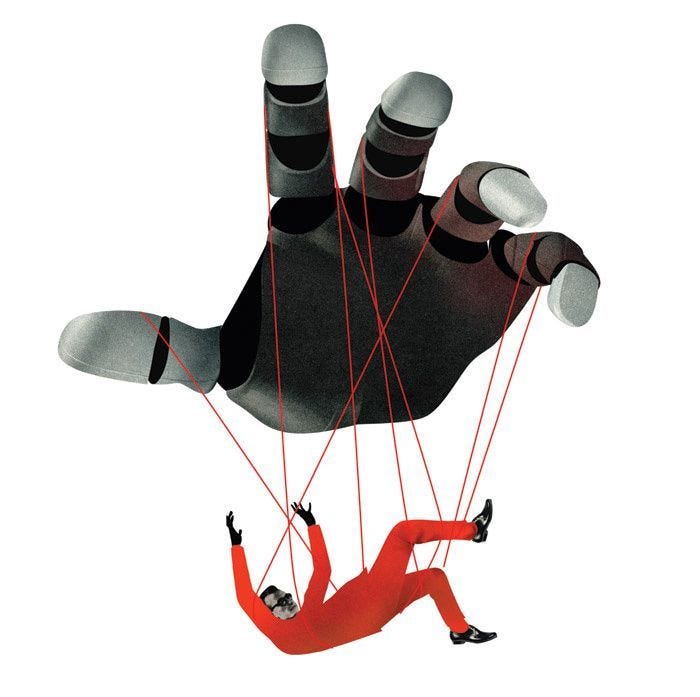 This may contain: two people are suspended by strings in the shape of a hand and feet, while one person is falling