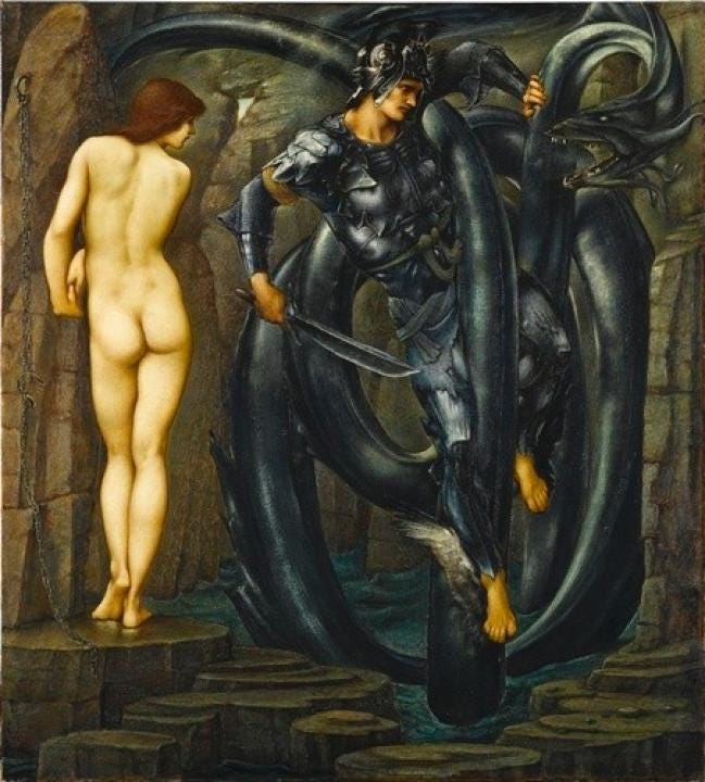 Edward Burne Jones painting The Doom Fulfilled, showing Perseus slaying the sea monster to free Andromeda