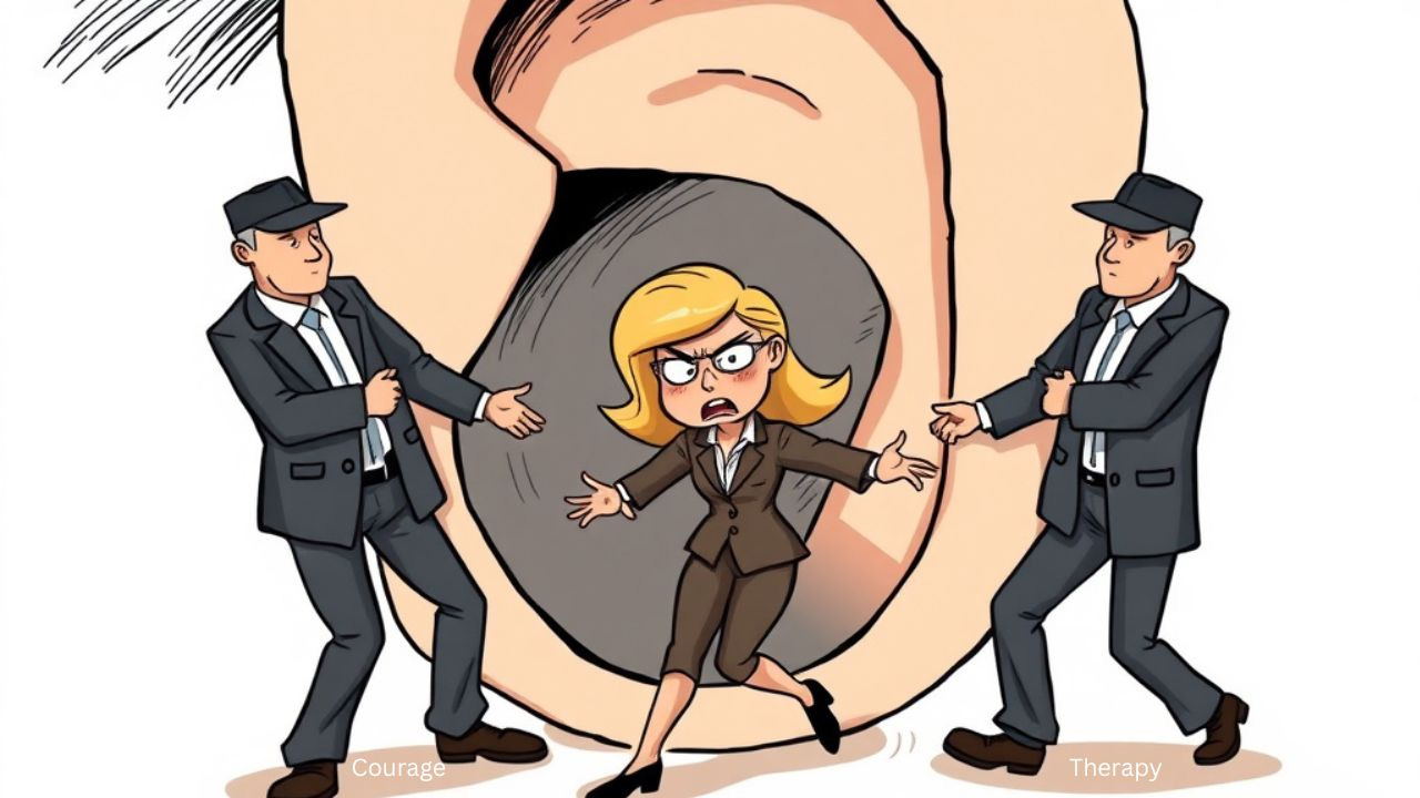 Cartoon of a tiny furious Karen (representing the brain bully) in a pantsuit being physically dragged out of a giant ear by two security guards (labeled “Courage” and “Therapy”). Cartoon of a tiny furious Karen (representing the brain bully) in a pantsuit being physically dragged out of a giant ear by two security guards (labeled “Courage” and “Therapy”).