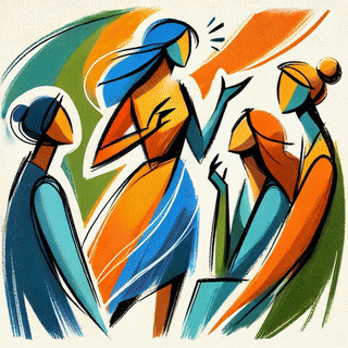 An abstract illustration of a person presenting an idea to a small group of engaged listeners, showcasing themes of communication and collaboration.
